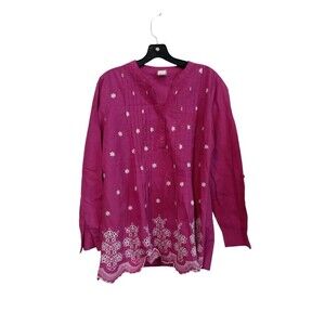 American Sweetheart Fuchsia floral stitched‎ long sleeve blouse